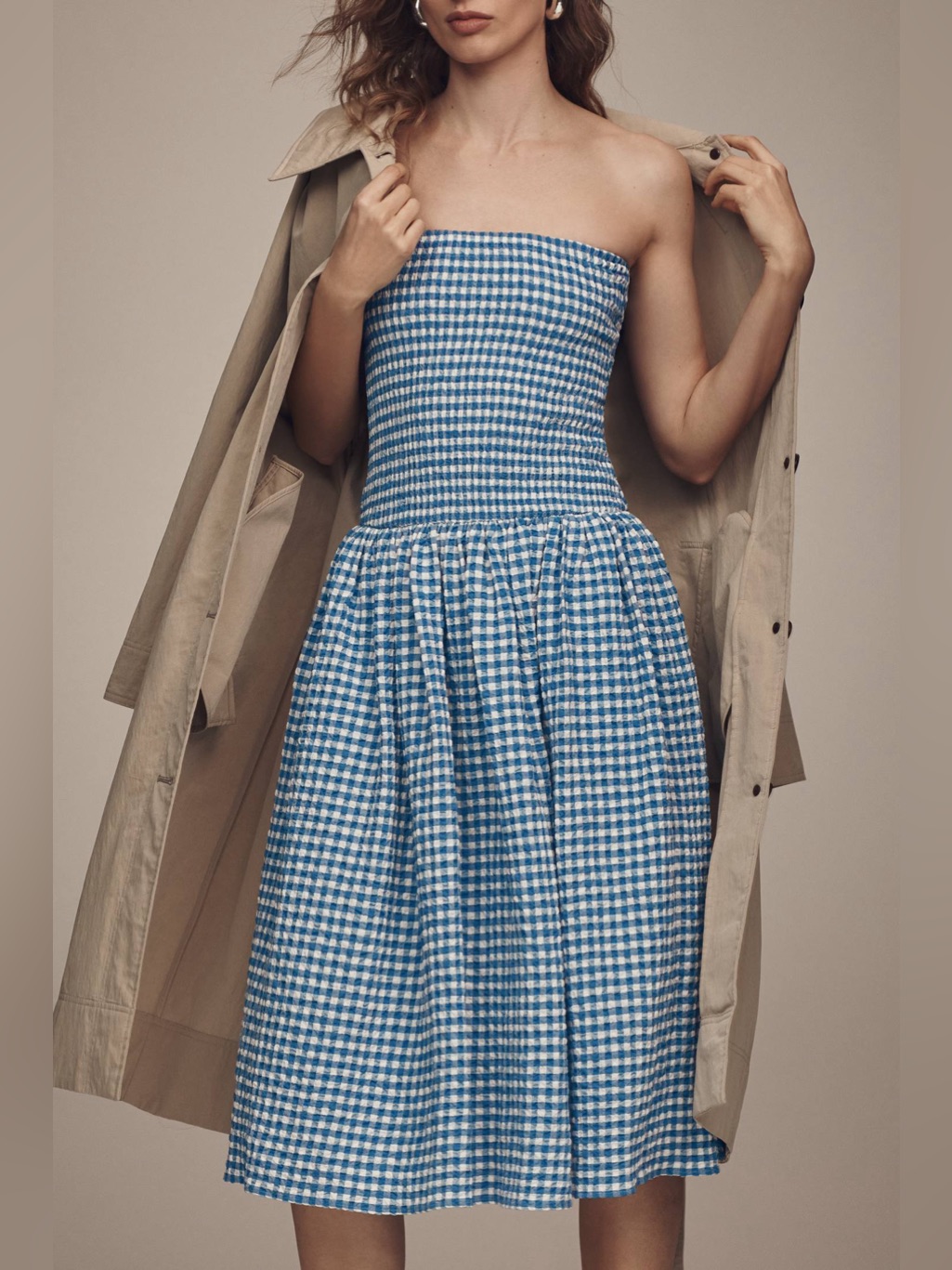 Anthropologie Maeve Blue Gingham Strapless Midi Dress
